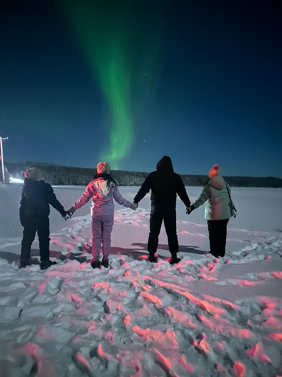 Four guests holding hands on a frozen lake, facing the aurora