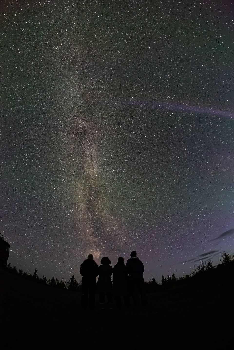 Four people in silhouette beneath the Milky Way and a faint aurora arc