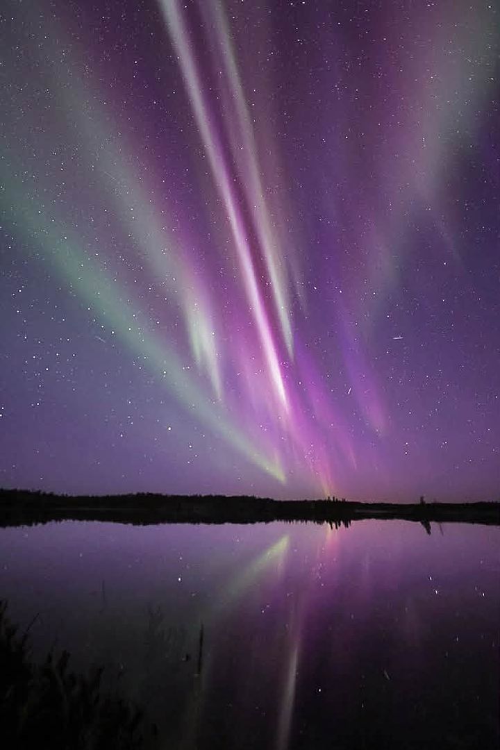Pink and white aurora rays above a lake under a violet sky