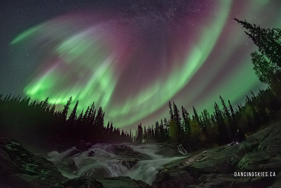 Green and red aurora arcing over forest and river rapids