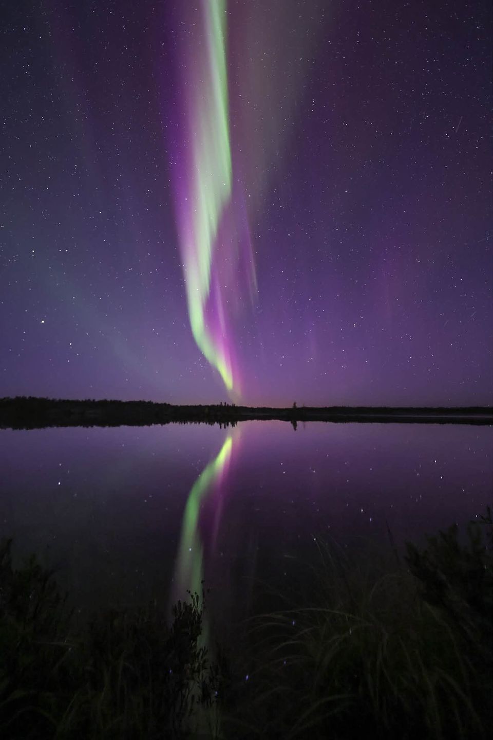 A single green and violet aurora pillar mirrored in a calm lake